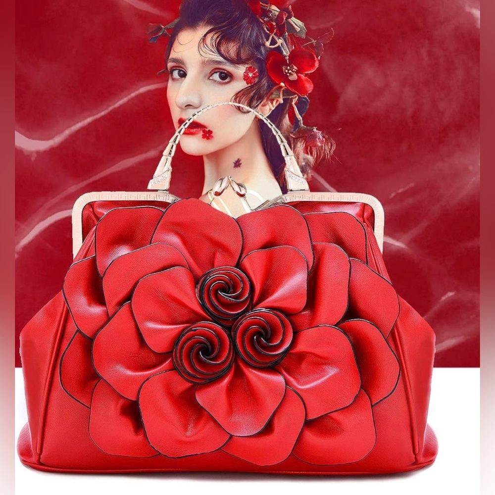 Exquisite Leather Flower Kiss-Lock Handbag